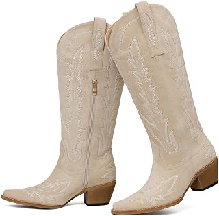mikarka Western Cowboy Boots for Women Cowgirl Knee High Boots Pointed Toe Chunky Heel Faux Leather & Suede Vintage Classic Tall Boots