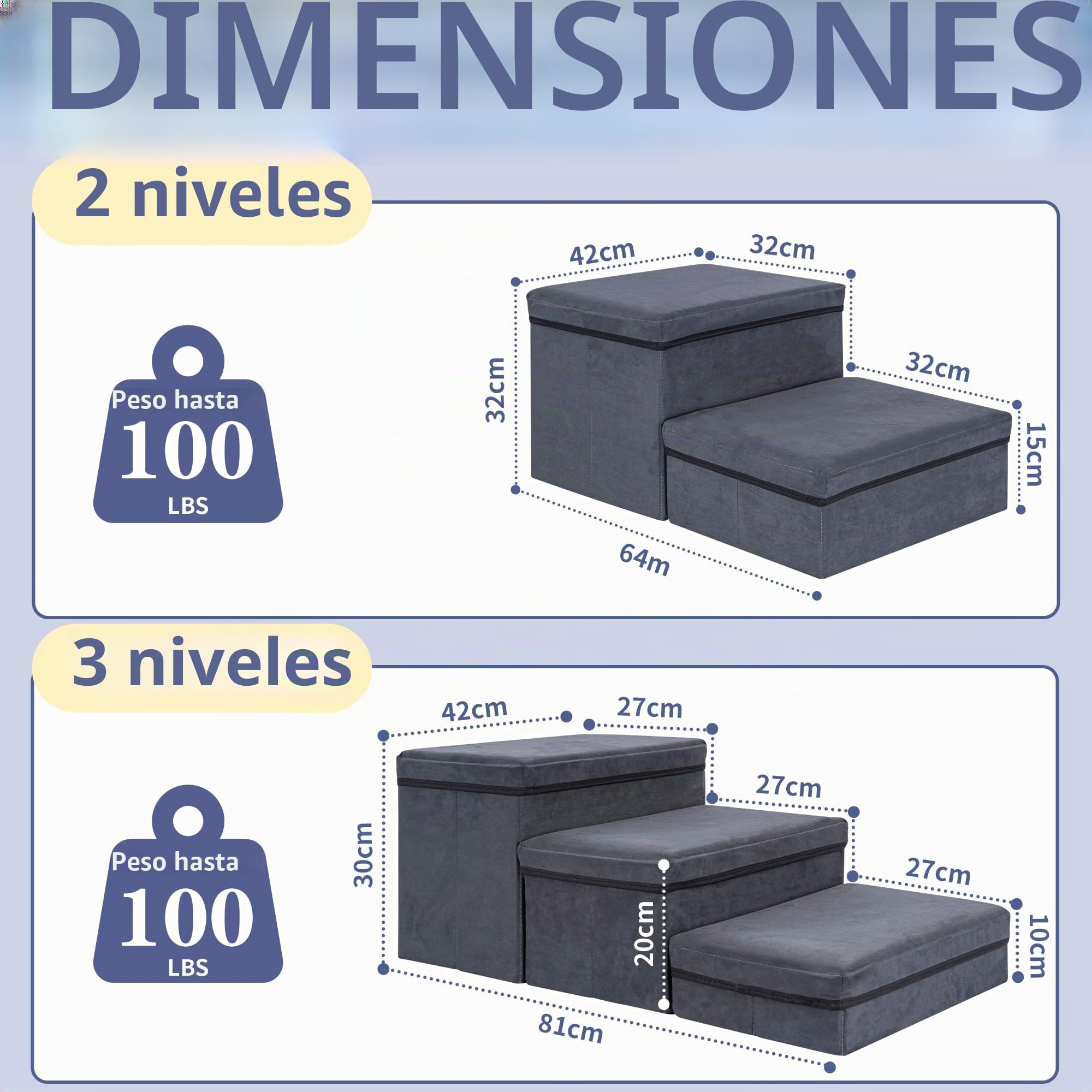 AKOZLIN Escaleras para Perros con Almacenamiento,3 escalones, Plegables | 2 en 1 escaleras para mascotas, rampa extra ancha, escalera para mascotas para perros pequeños a grandes, gatos, gris oscuro