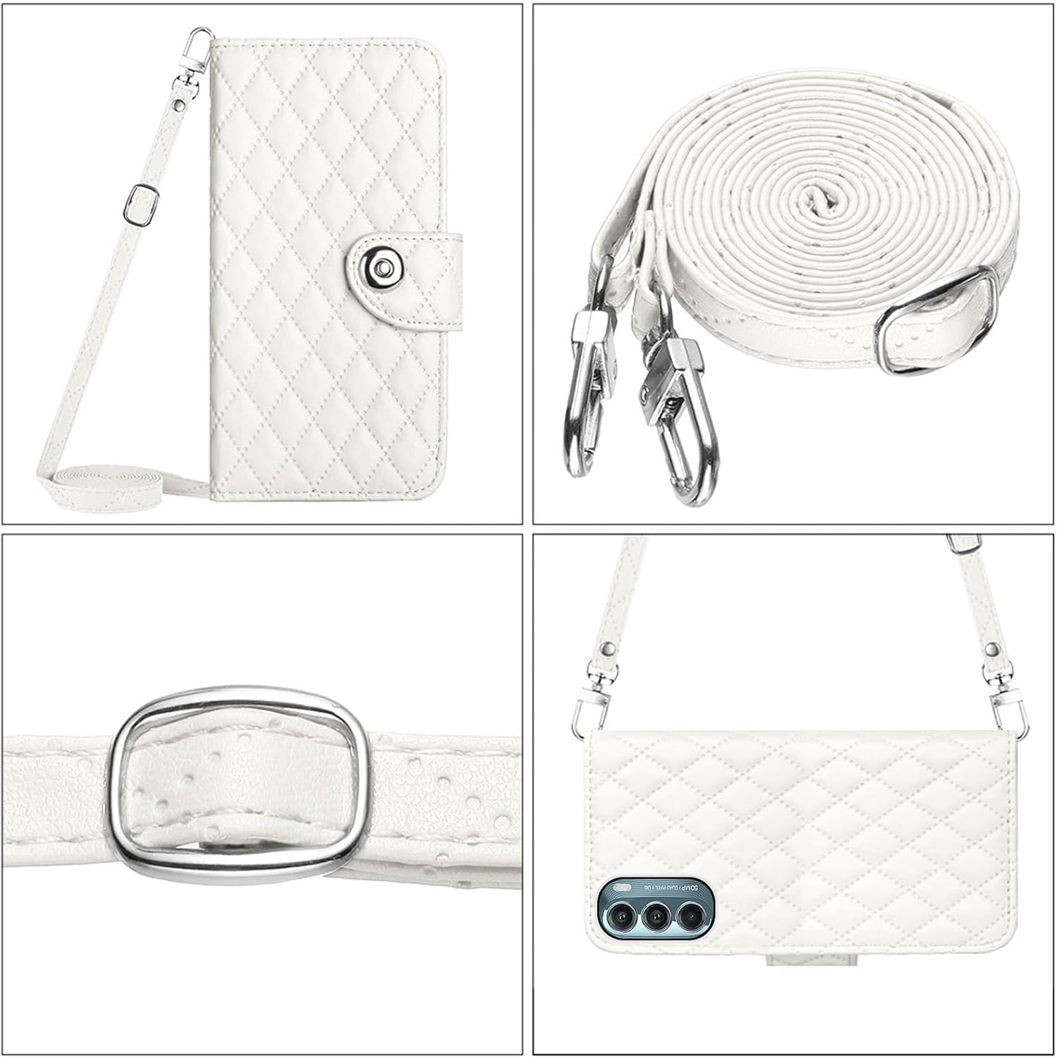 Wallet Case for Motorola Moto G Stylus 5G 2022 with Wrist Strap Crossbody Shoulder Strap, Argyle Pattern PU Leather Flip Purse Cell Phone Cover for XT2215-1 XT2215-4 XT2215DL Girls Women White