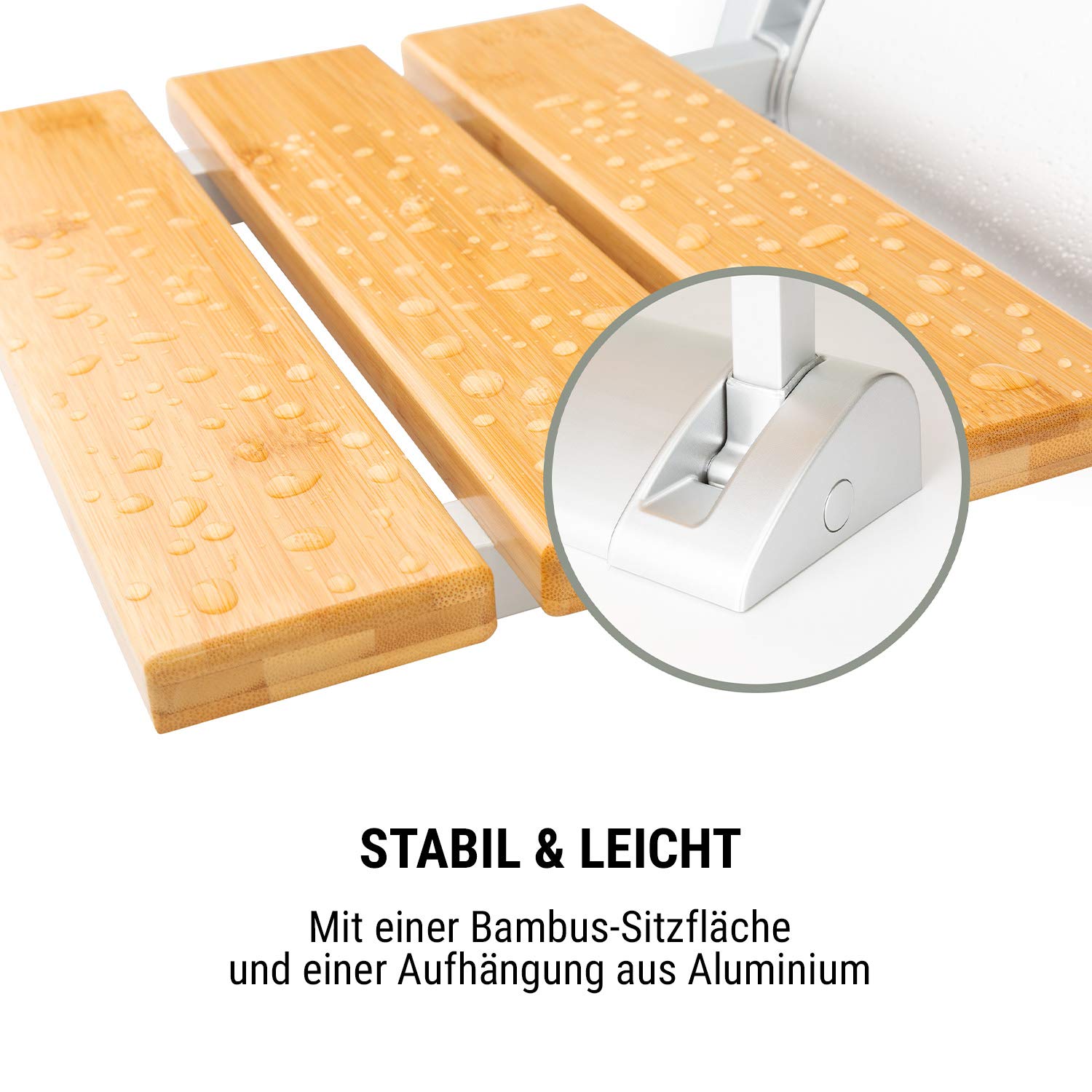 Oneconcept Arielle siedzisko prysznicowe – składane siedzisko z bambusową powierzchnią do siedzenia, zawieszenie ze stopu aluminium, maks. waga: 160 kg, w zestawie materiał montażowy, typ: Arielle,