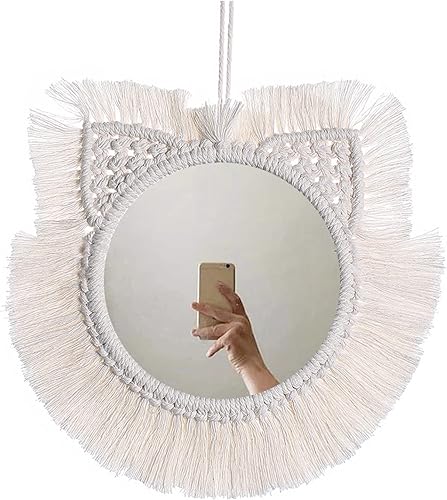 Lopeceal Espejo de pared colgante de macramé con flecos bohemios estético redondo con borlas para hotel dormitorio sala de estar apartamento