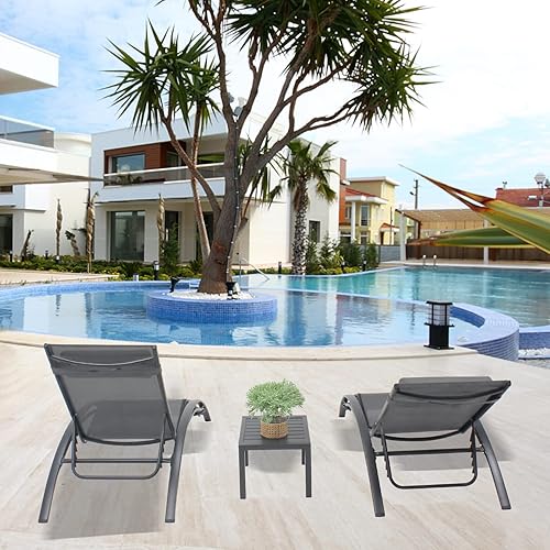Miniatura 6 de Juego de 3 tumbonas para patio, sillas de aluminio para exteriores con reposacabezas, tumbona para tomar el sol, sillas de bronceado para piscina,