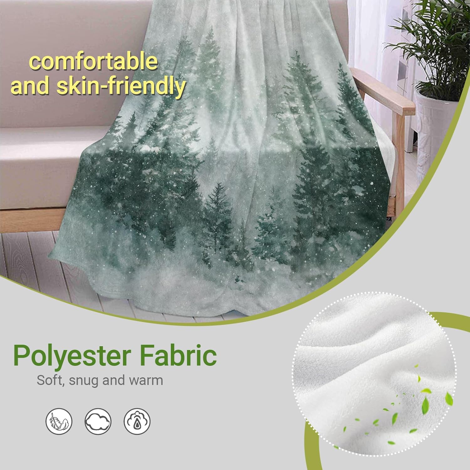 Snowy Pine Flannel Throw Blanket, 60"x80", Winter Forest, Soft Warm Lightweight Blankets, Machine Washable, Nature Lovers Gifts, Outdoor Indoor Travel Hiking Nap Throw, Home Decorate