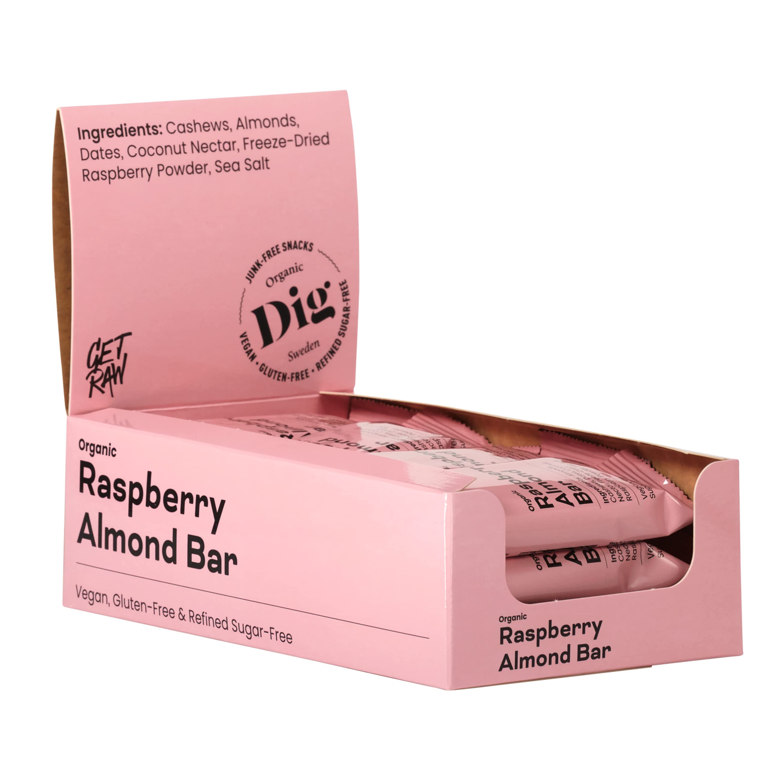 Dig/Get Raw - Bio-Riegel Himbeer-Mandel - Snacks aus natürlichen Bio-Zutaten - Vegan, glutenfrei und frei von Raffinadezucker (12x42g)