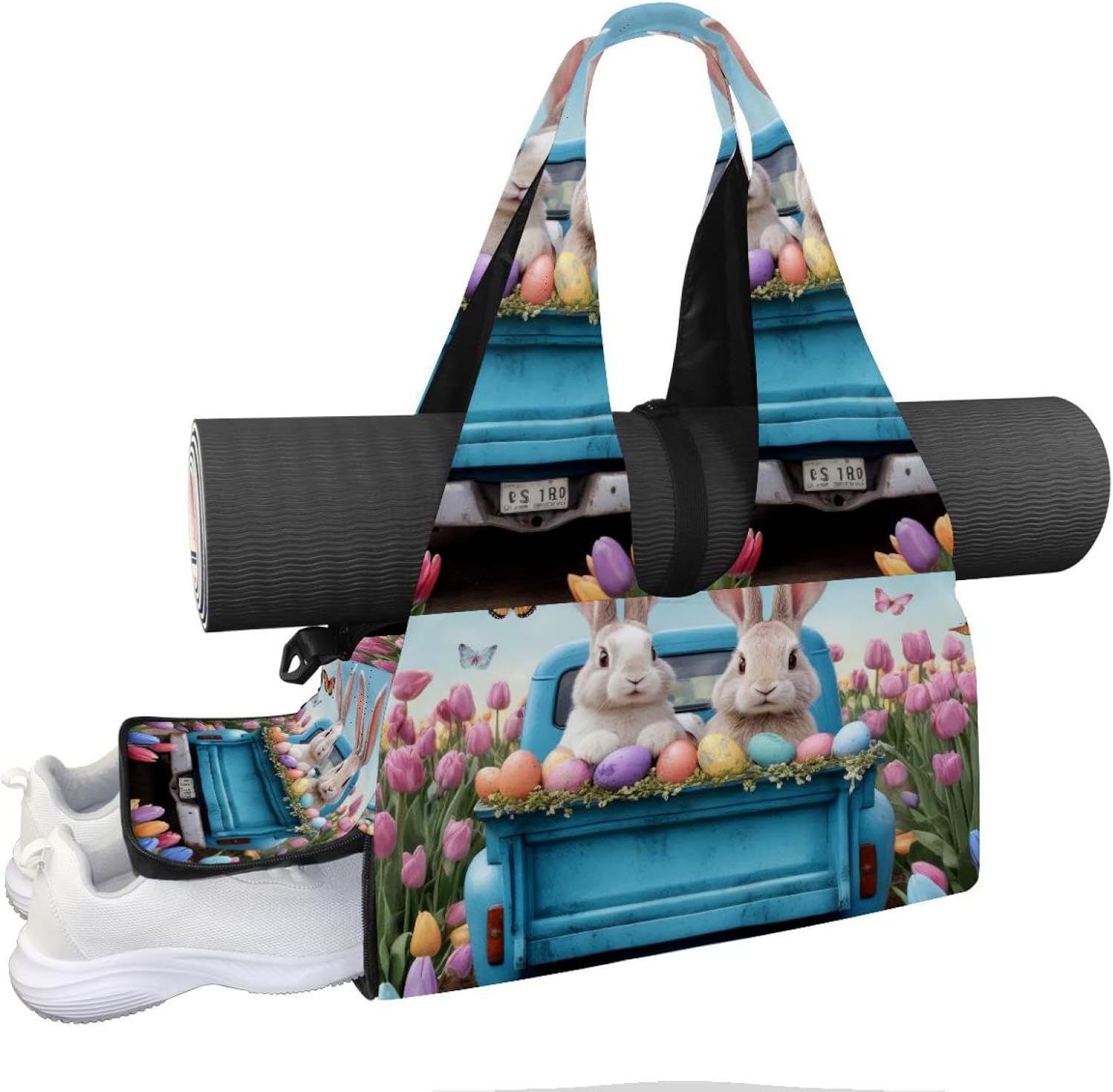 Yoga Mat Bag, Gym Workout Bag with Shoe Compartment, Rabbit Eggs Teal Wooden Pilates Bag for Women, Quick Access Storage Yoga Tote Bag for Sports Travel Office