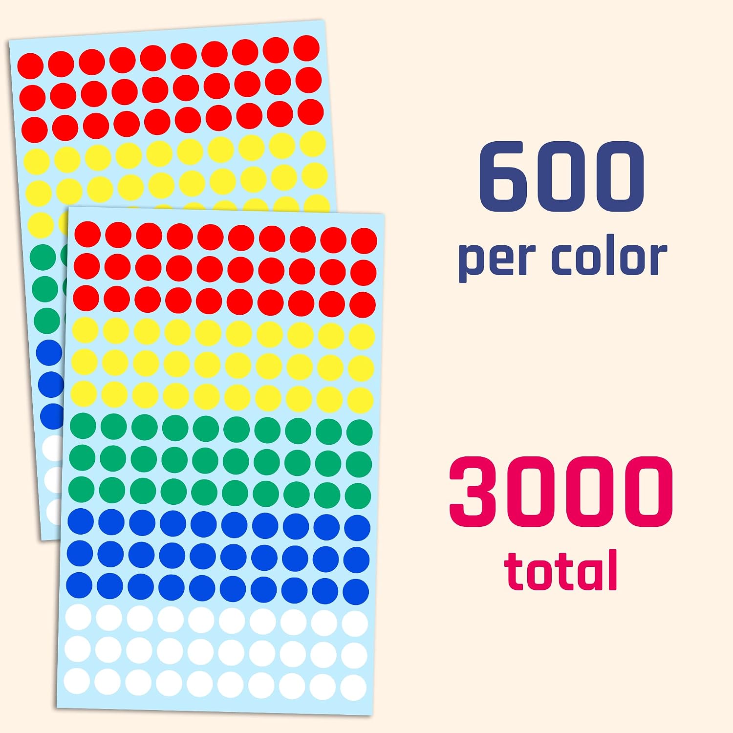 3000 Pack, 0.375" Round Colored Dot Stickers Labels - 5 Colors