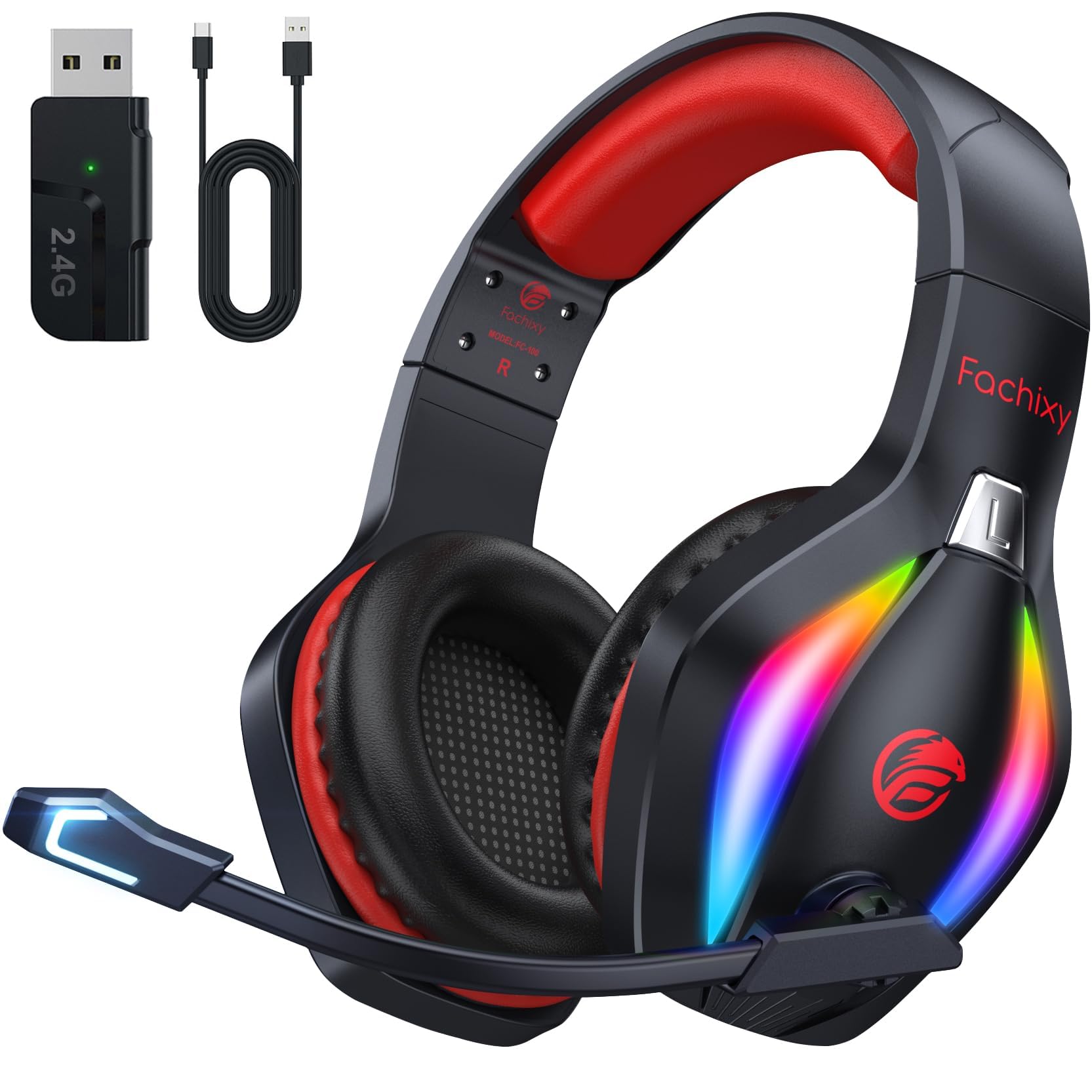 Cuffie da gioco senza fili Fachixy FC100 2.4GHz Bluetooth microfono suono stereo 3D 50 ore batteria nero-rosso