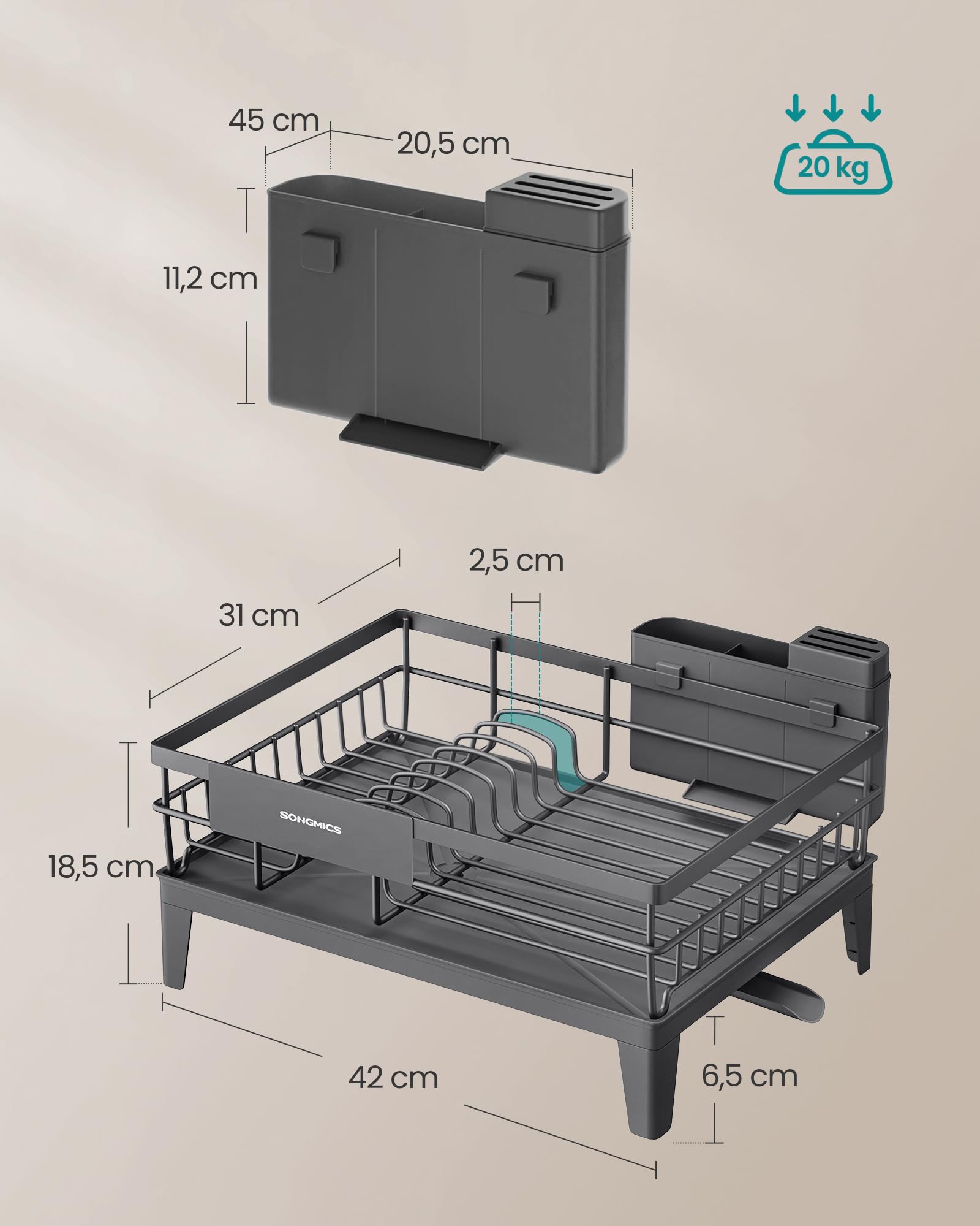 SONGMICS Escurreplatos, Escurridor para Encimera de Cocina, Giratorio 360° y Extensible, con Soporte para Cubiertos, 31 x 42 x 18,5 cm, Gris Ahumado KCS550GT01