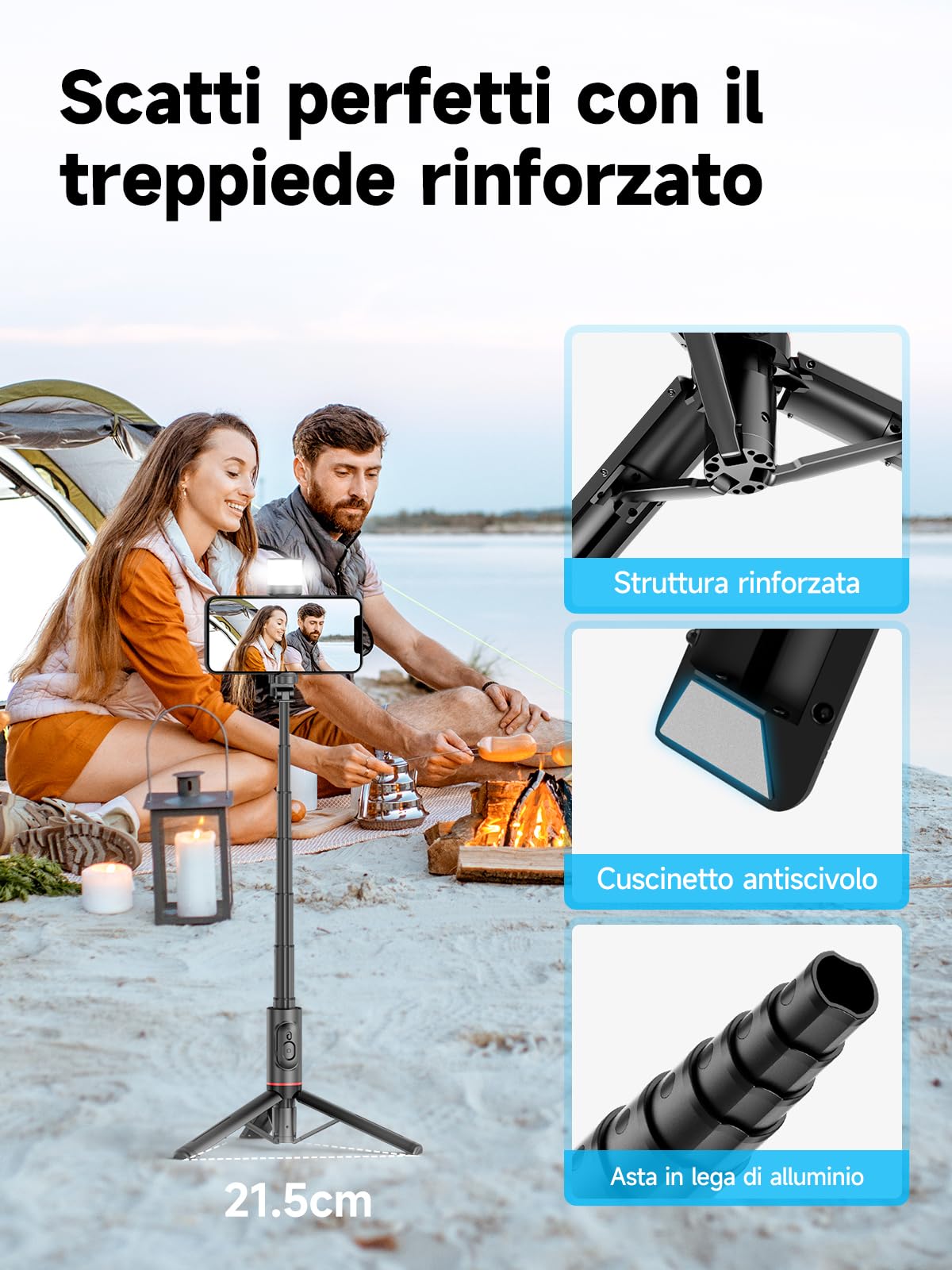 Moman Selfie Stick Treppiede con Luce di Riempimento, Q12S Treppiede Portatile Supporto per Telefono 77CM Supporto in Alluminio per Smartphone