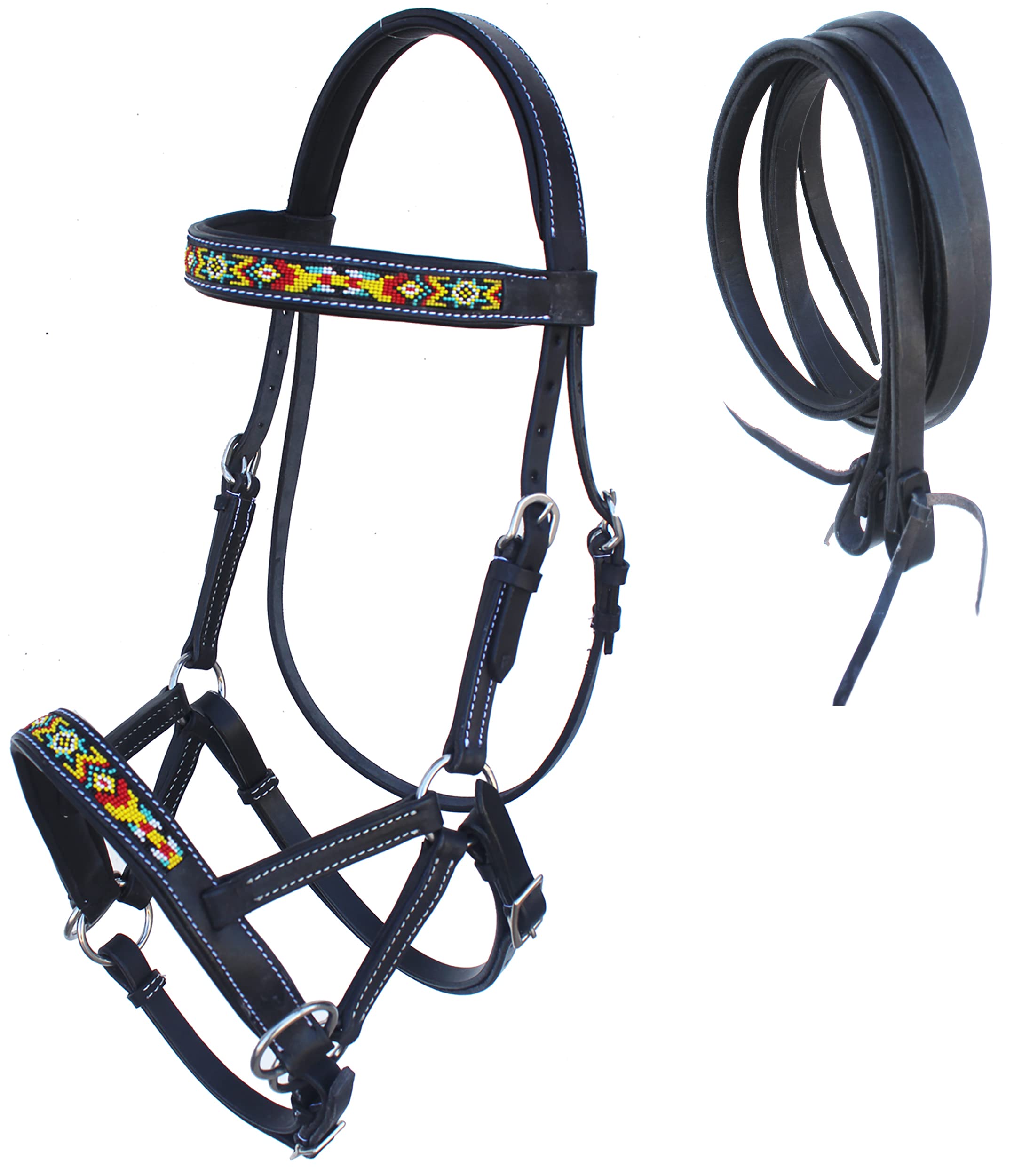 CHALLENGER Horse Western Black Leather Padded Bitless Training Sidepull Bridle Reins 77RS19BK-F
