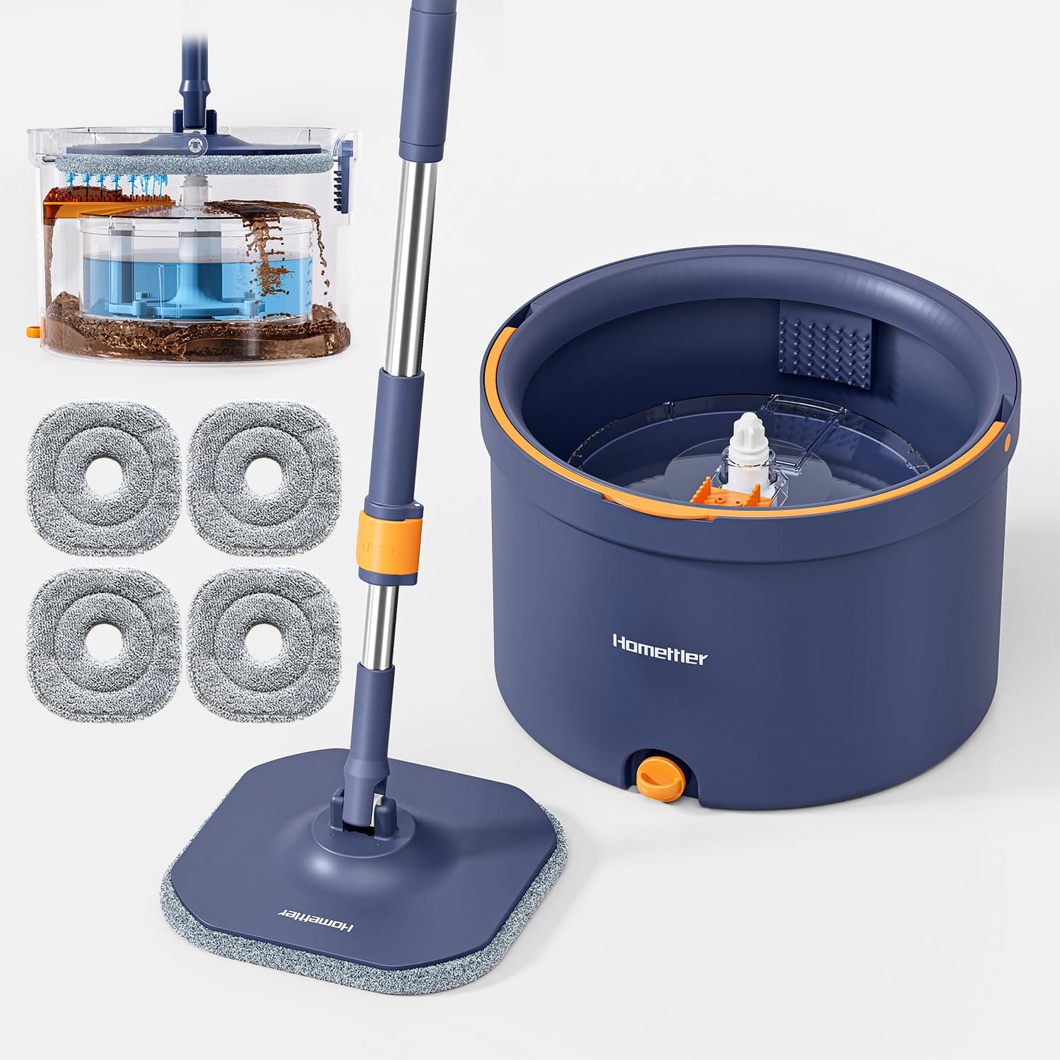HoMettler Wischmopp Set mit Eimer, 2-Kammer System für Sauber- und Schmutzwasser Trennung, Bodenwischer mit 360° Drehkopf, Teleskopstiel aus Edelstahl, 4 waschbare Mikrofaser Pads, für alle Hartböden