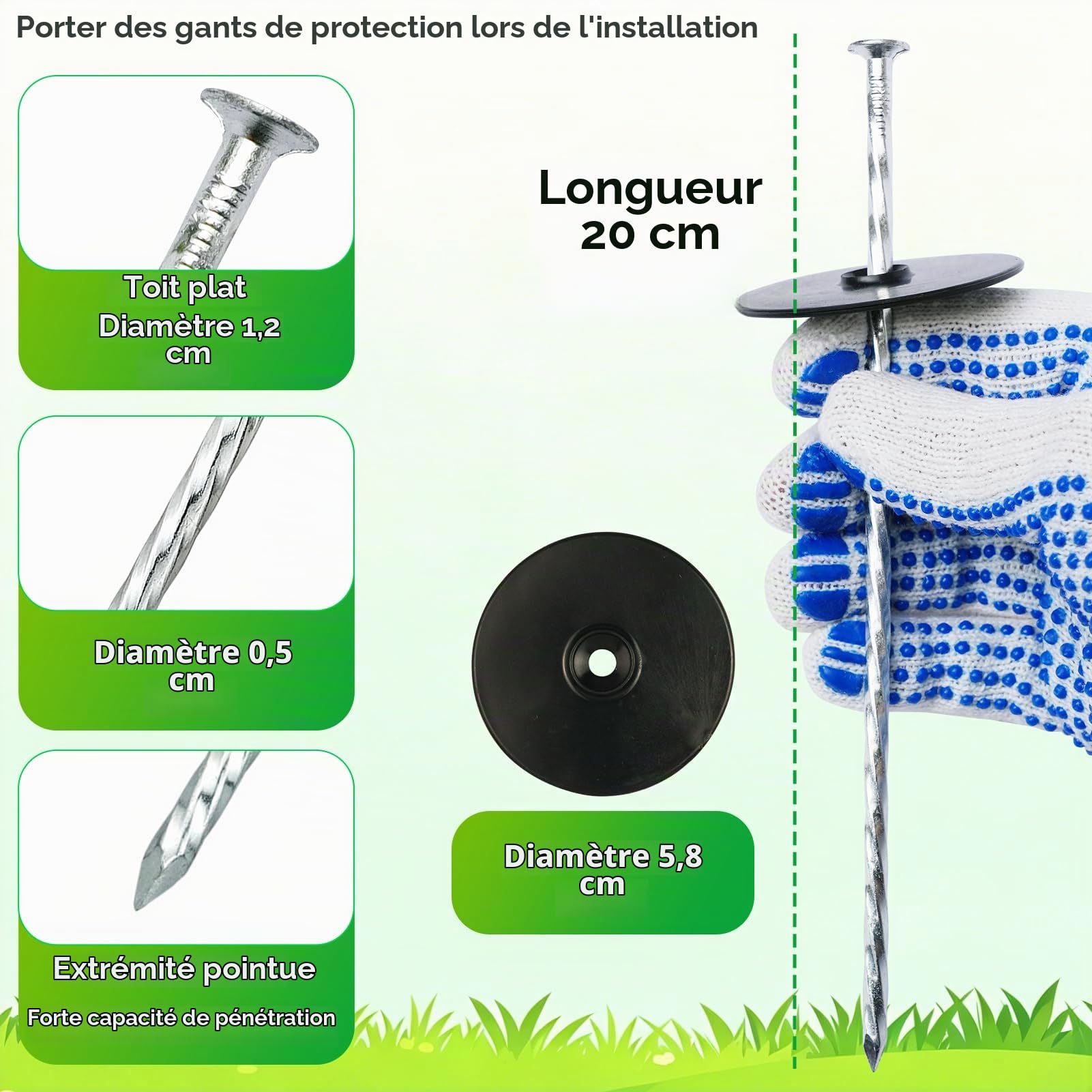 Lot de 50 piquets de 20 cm avec rondelles pour toile de jardin
