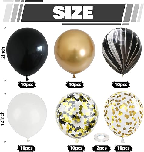 Miniatura 2 de Globos negros y dorados, 60 paquetes de globos de mármol de ágata negra y blanca de 12 pulgadas con globos de confeti dorado metálico para hombres y