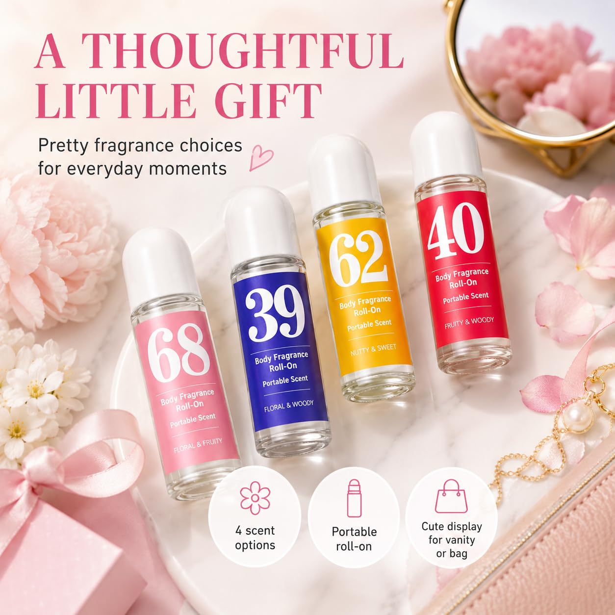 Roll On Perfume Set for Women, Portable Body Fragrance Roll-On Oils (（68） Floral Pink)