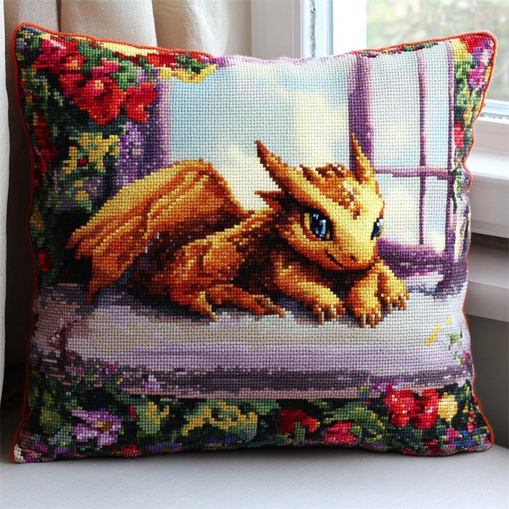 ORLUMY DIY Latch Hook Kit Cartoon Dragon Latch Hook Kits Fantasy Animals Punch Needles Start Kit Pillow Latch Hook Craft Kitsall Materials Included/DIY Craft Kits 43x43cm