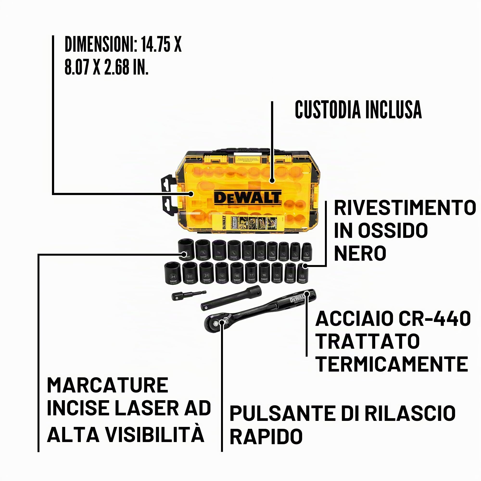 DEWALT DWMT74739 - Set di chiavi a bussola combinate da 1/2", 23 pezzi