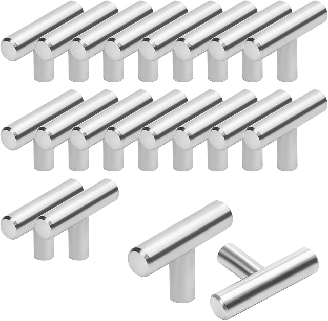 BELLE VOUS 20 Pack Kitchen Cabinet Handles - 50mm Brushed Nickel T Bar Pulls - Silver Stainless Steel Knobs - Hardware for Drawers, Cupboards, Doors, Furniture, Bedroom, Wardrobes & Furniture