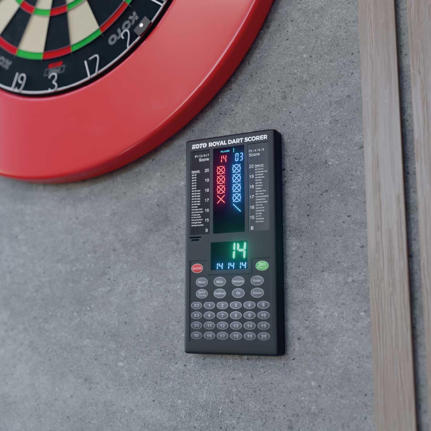 KOTO – Marcador de Dardos Electrónico con 40 Juegos, Pantalla de Puntuación, Apto para 8 Jugadores, Incluye Fijación a la Pared, Funciona con Pilas