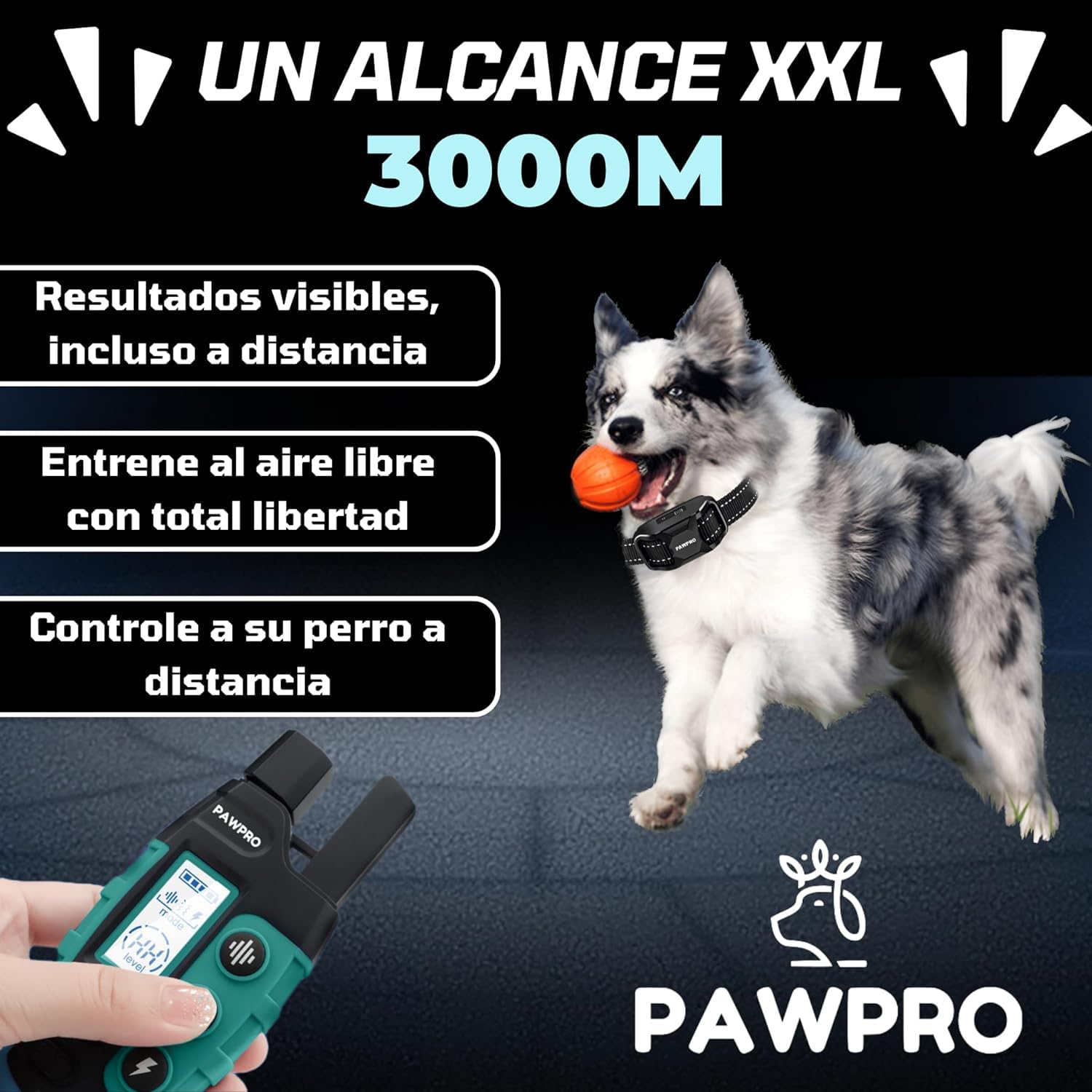 PAWPRO Collar de Adiestramiento para Perros de Todos los Tamaños | Alcance XXL de 3000 Metros | Cumple con la Ley de Bienestar Animal 2024 | 3 Modos: Sonido, Vibración, Boost Vibración (1 Collar)