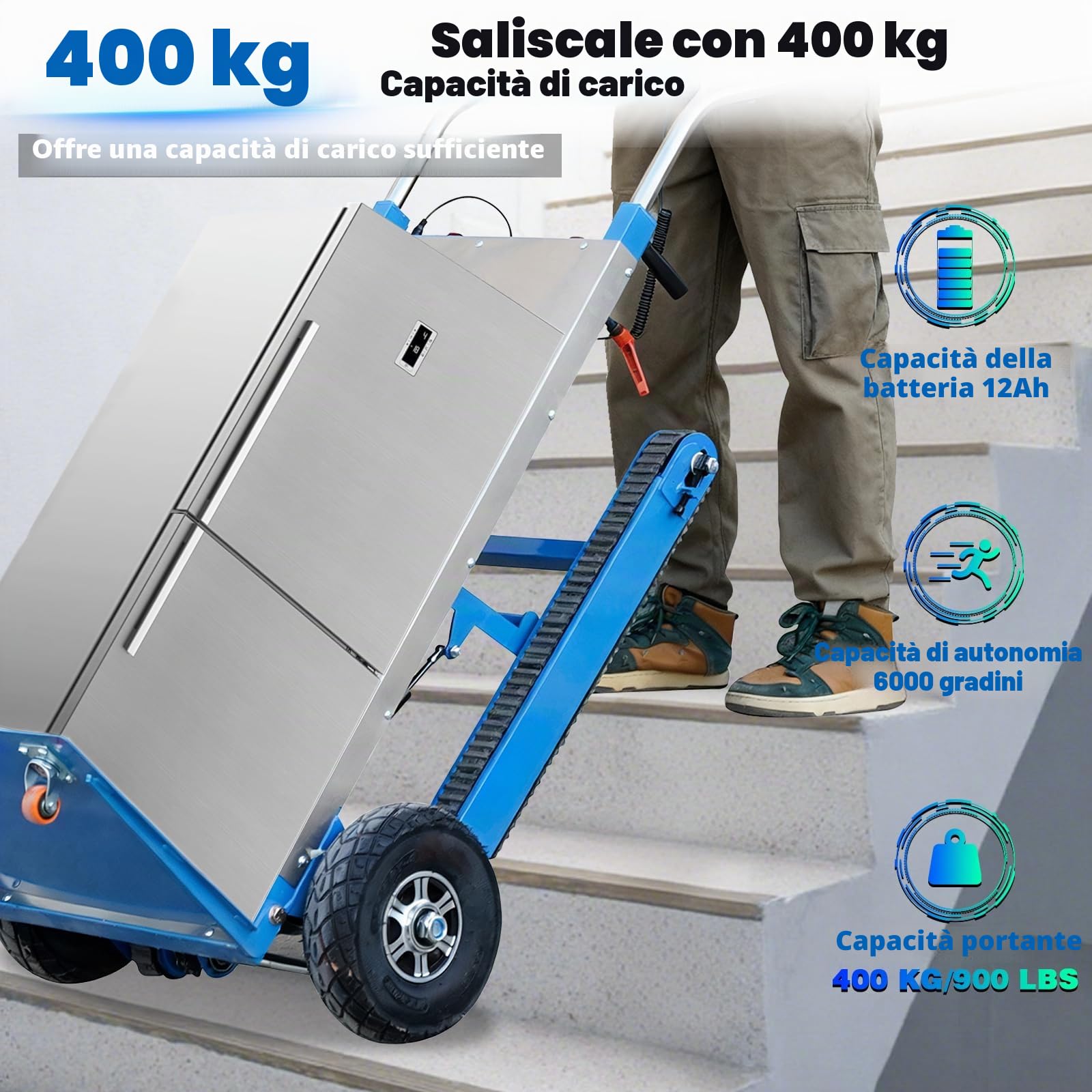 Afitdon Diavolo elettrico da 1250 W - con capacità di carico di 408 kg - per scale e discese - con corda di sicurezza e pompa ad aria - per il trasporto di mobili