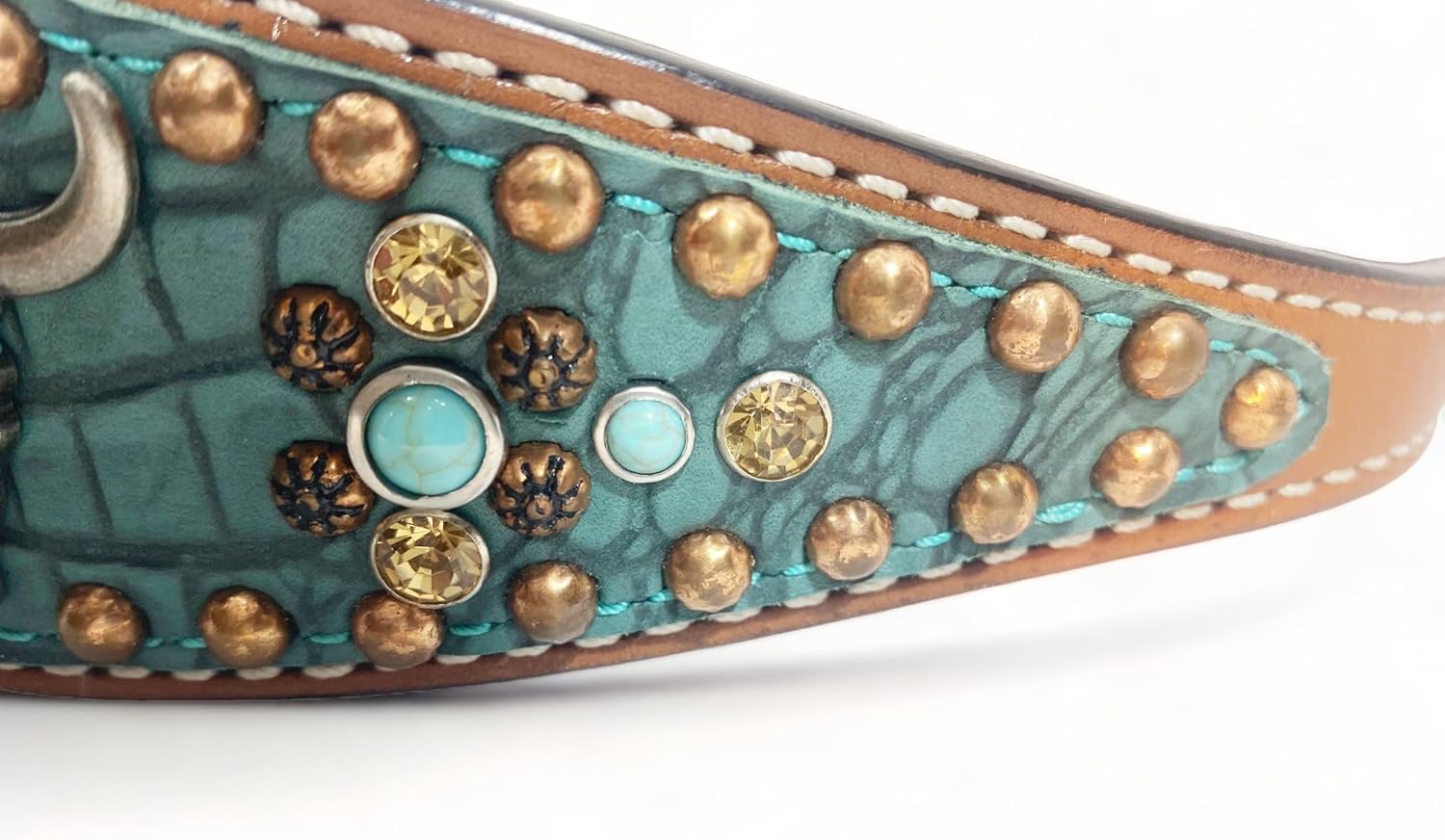 Wither Strap for Horse, Adjustable 23-30" Long x 1.75" Wide, Decorated Leather with Turquoise Print and Copper Accents