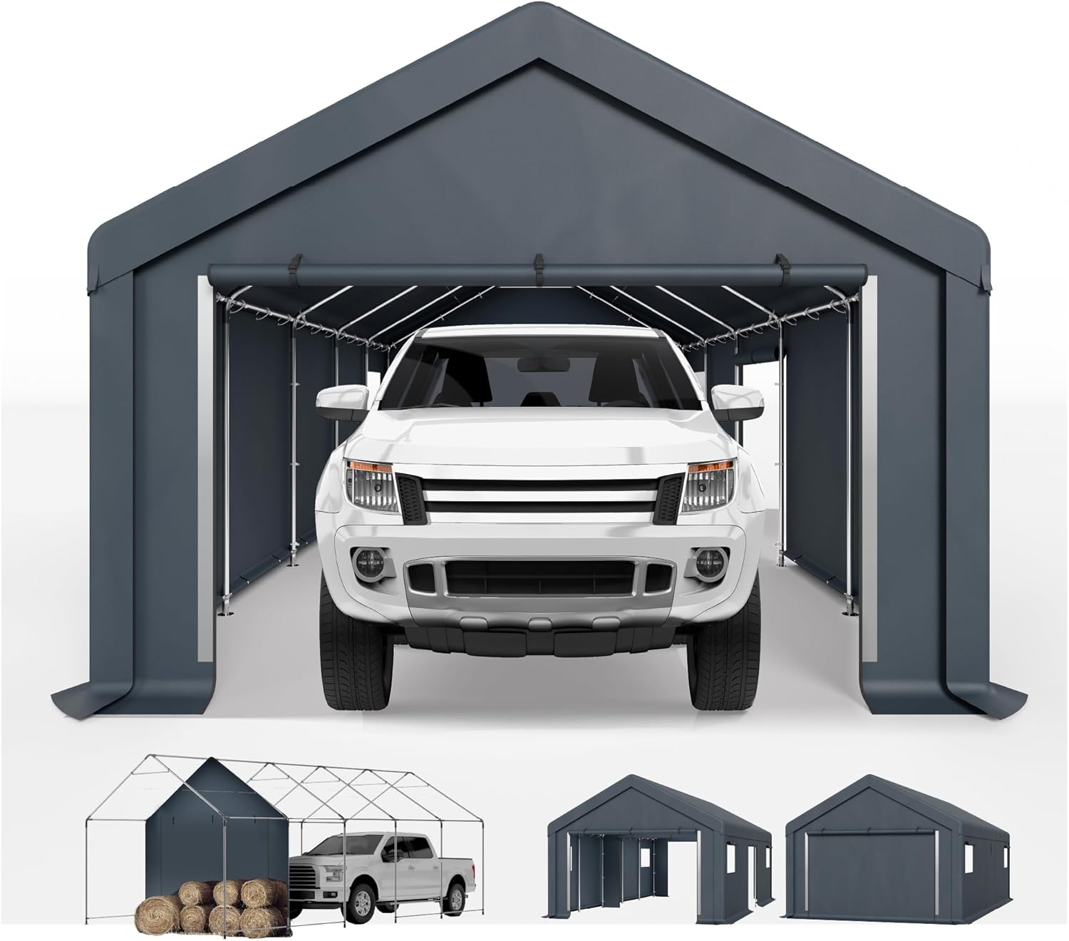 Sophia & William 13x24 ft Heavy Duty Portable Carport Garage Shelter with Roll-Up Doors & Sidewalls, Gray