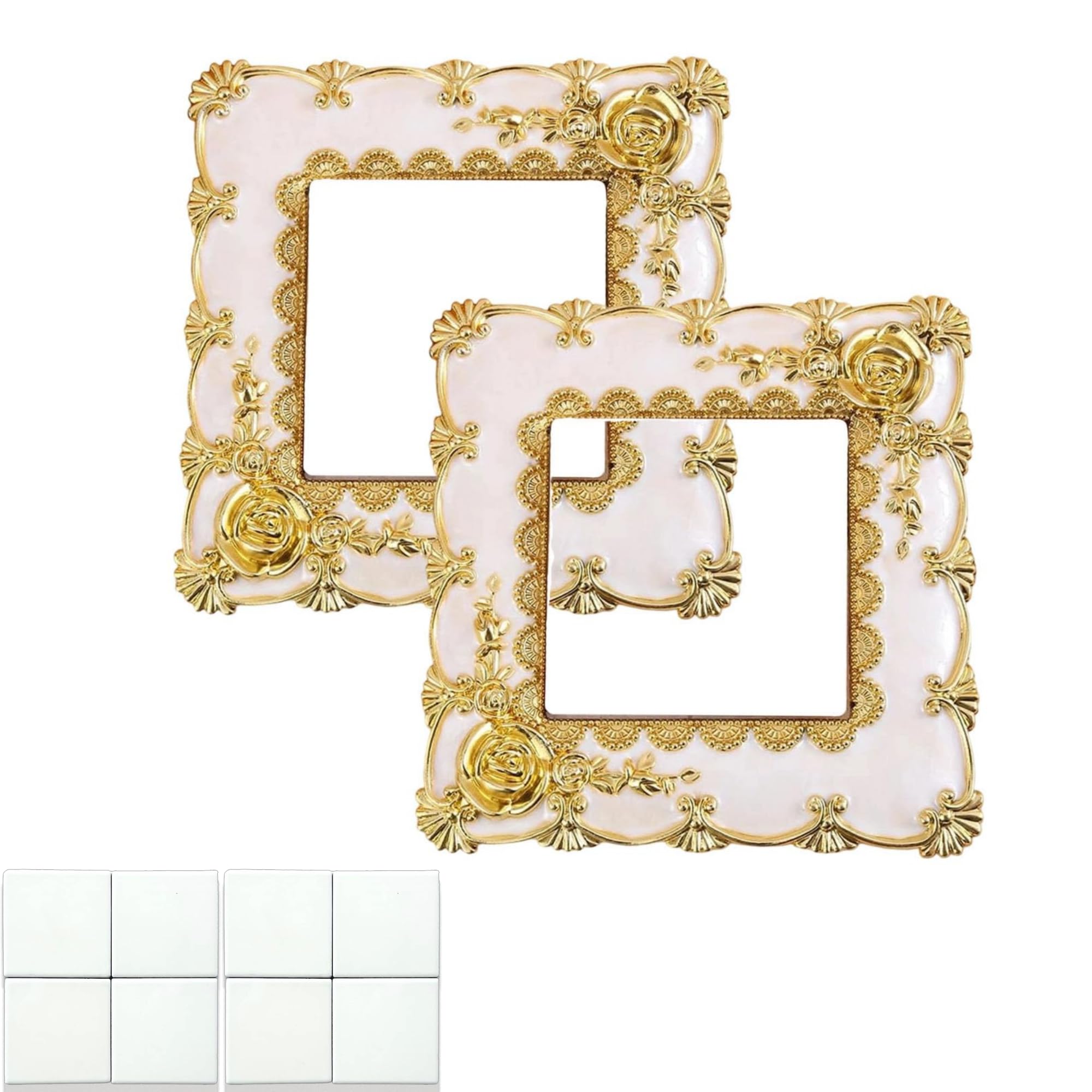 Light Switch Surround, Light Switch Cover Plates, Light Switch Surrounds, DWUENT 2Pcs Golden White Switch Plates Cover, 8.6x8.6cm Plastic Wall Switch Covers with Rose Pattern for Home Decor