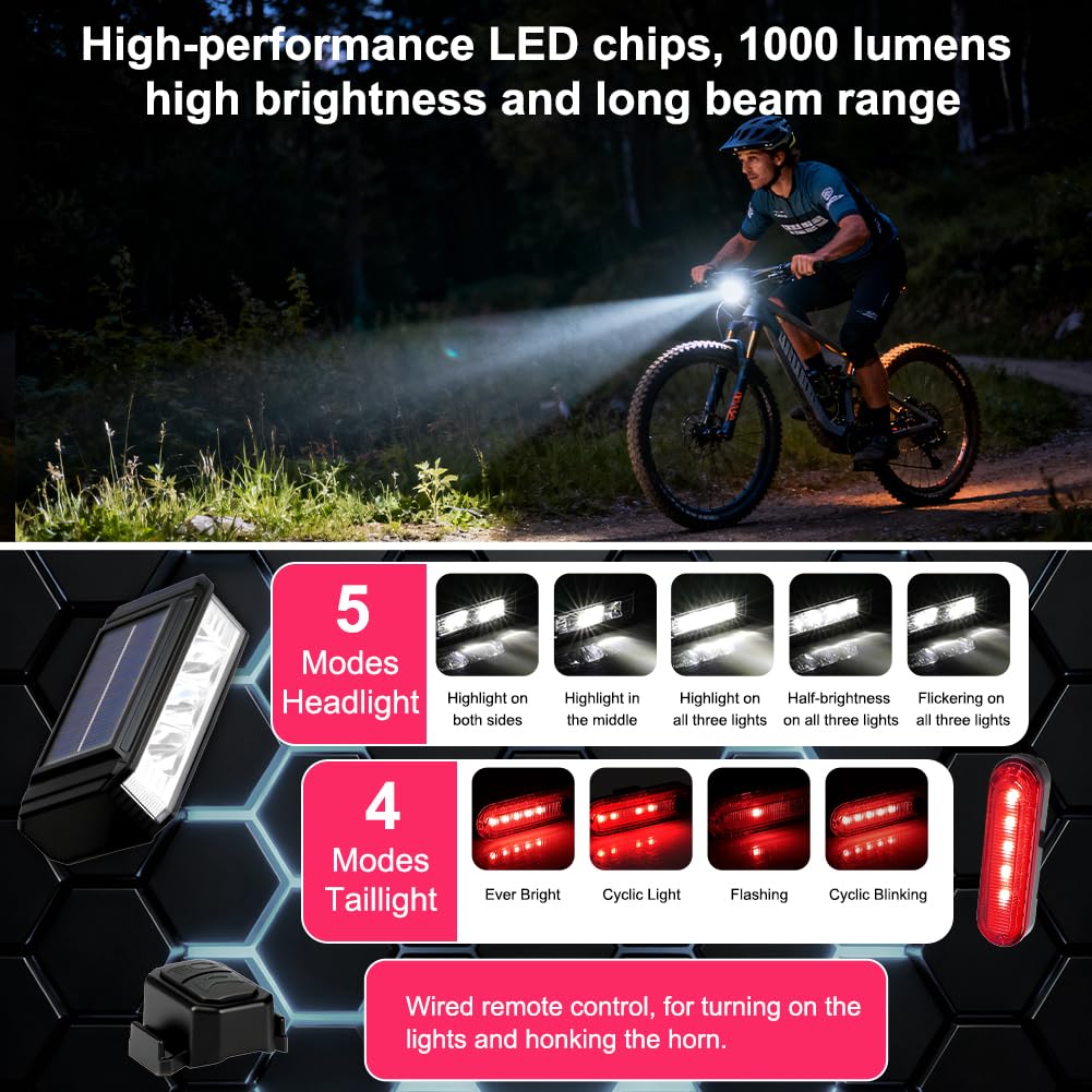 Éclairage Vélo Avant/arrière Rechargeable USB-C + Solaire – 1000 Lumens, 5 Modes, Télécommande Filaire, IP65 étanche