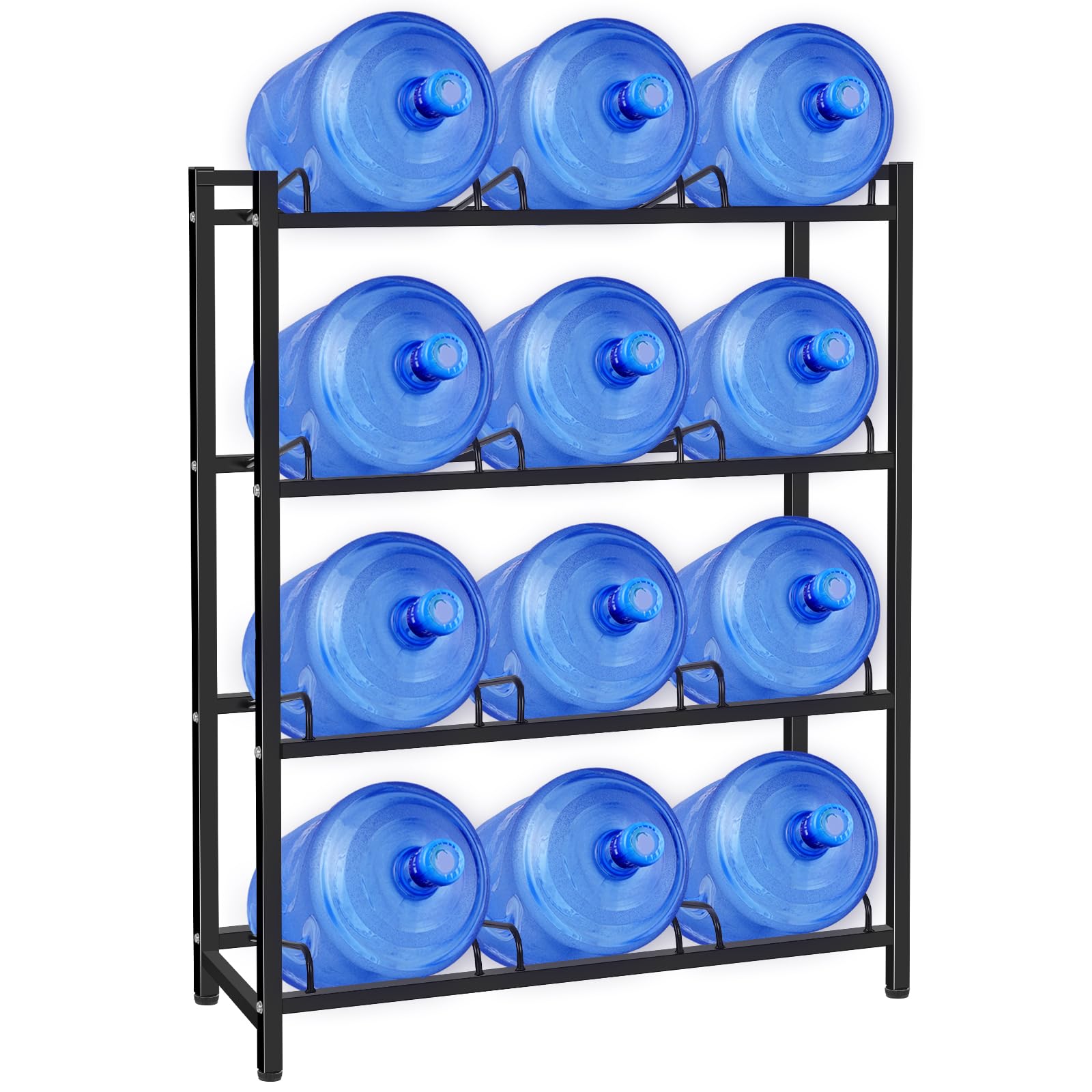 5 Gallon Water Jug Holder for 12 Bottles Without Wobbling, New Upgraded Heavy Duty 4 Tier Thicken Water Bottle Storage Rack for Home, Office, Kitchen, Warehouse, Garages Black