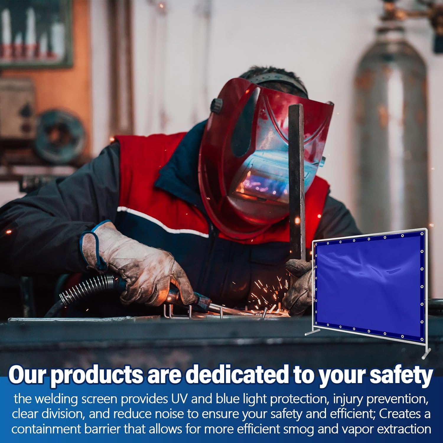 2 Pcs Welding Curtain Safety Blue Transparent Welding Screen with Fixed Belt for the Stand of 6 x 8ft Fireproof Resistant Insulation for Welding Arc Light UV and Blue Light Protection