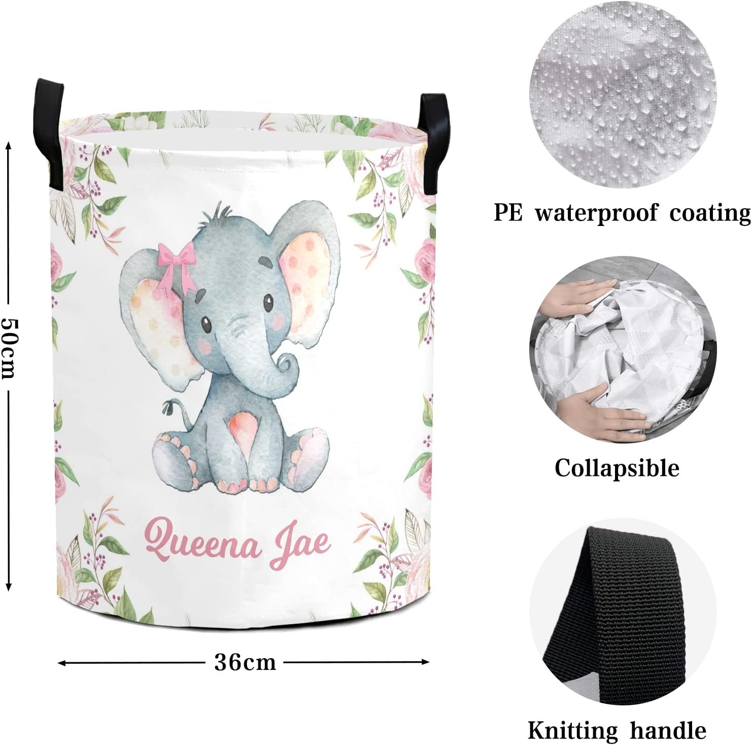 Pink Roses Elephant Storage Bin, Waterproof Oxford Fabric Clothes Basket Organizer for Laundry Hamper,Toy Bins,Gift Baskets, Bedroom, Clothes,Baby Nursery