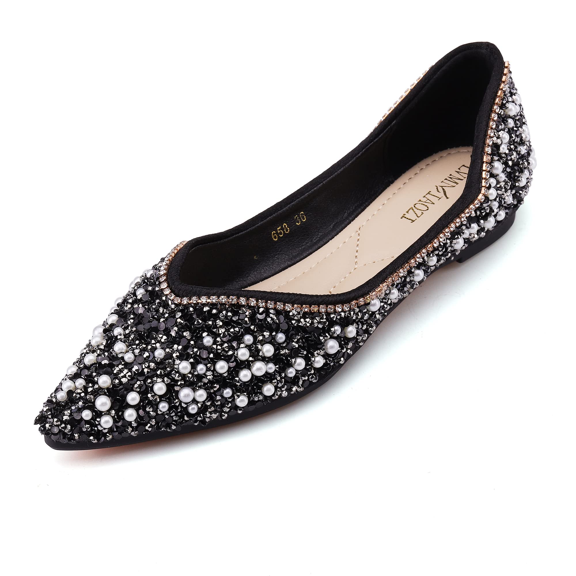 Women Rhinestone Pointed Flat Shoes Rhinestone Low Heel Wedding Work Business Dance Ballet Shoes-image-16