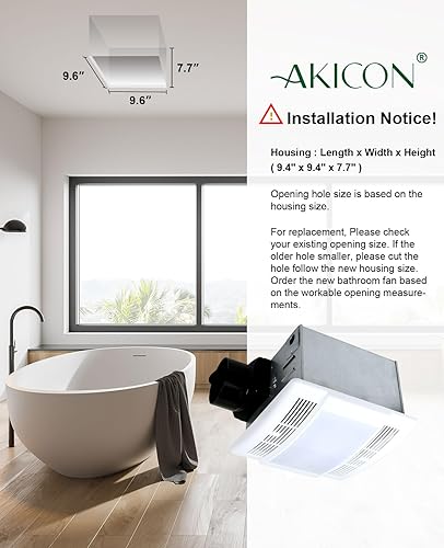 Miniatura 7 de Akicon Extractor de baño, ultra silencioso de 90 CFM 1.5 Sones Ventilación LED con luz (bombilla LED base E26 de 12 W incluida)