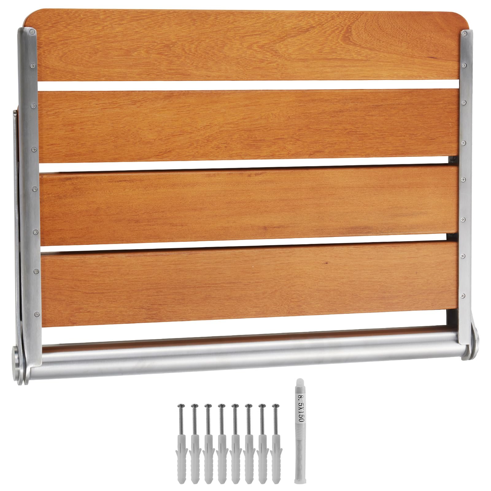 Happybuy Folding Teak Shower Seat, 20.9 x 16'' Unfolded, Wall Mounted Fold Up Shower Bench with 500 lbs Load Capacity, Space Saving Home Care Fold Down Shower Chair, for Pregnant Women Children