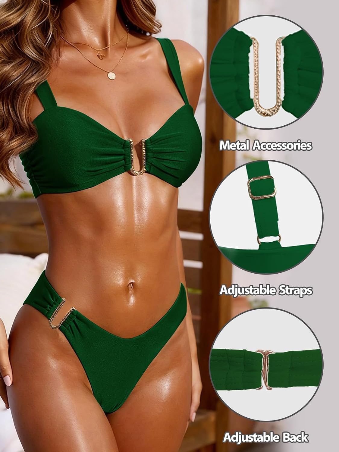 Women’s Bikini Set Two Piece Swimsuit with Metal Accent Top High Cut Bottom