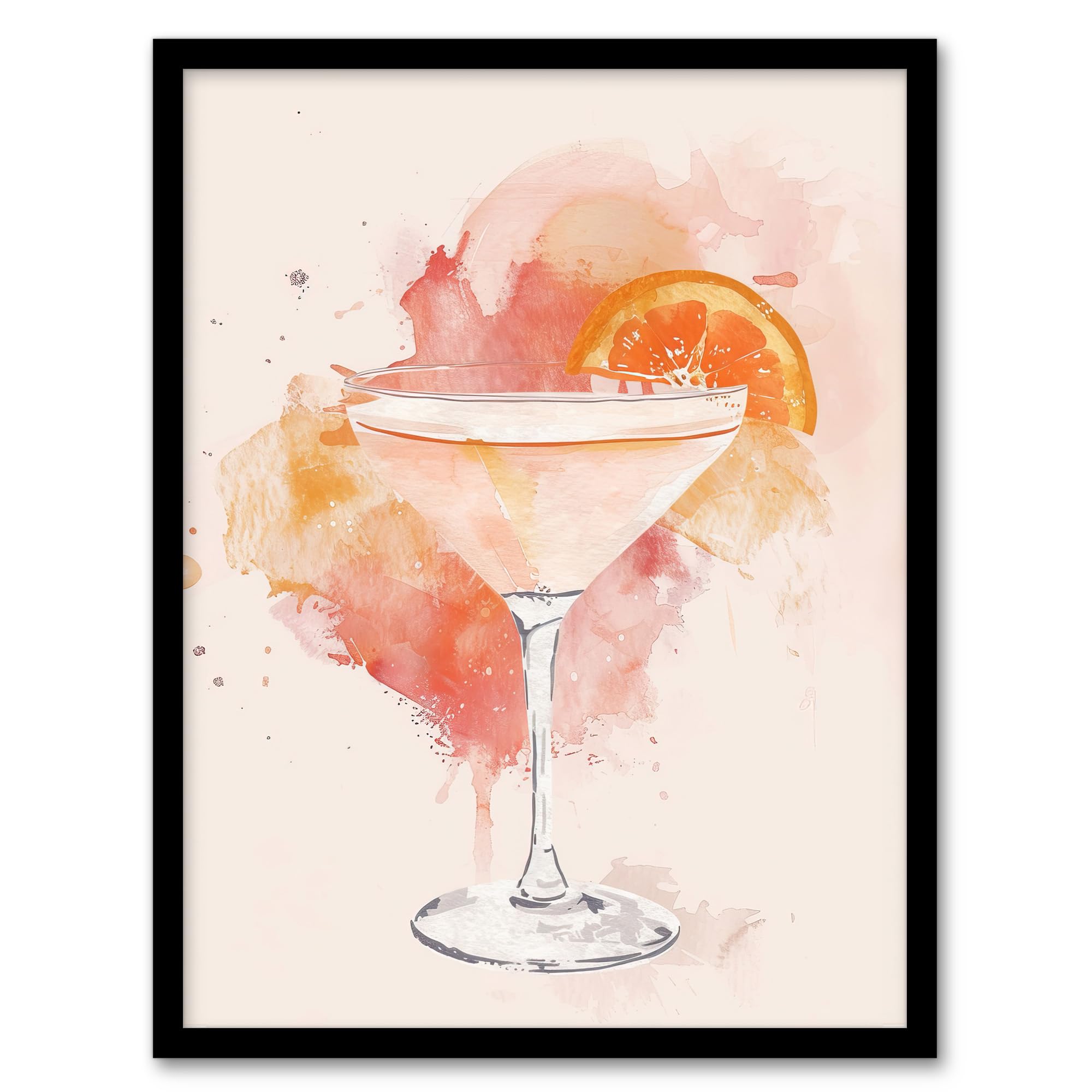 Sidecar Cocktail Framed Art Print - Pastel Pink Orange Watercolour - A4 Size - Artery8