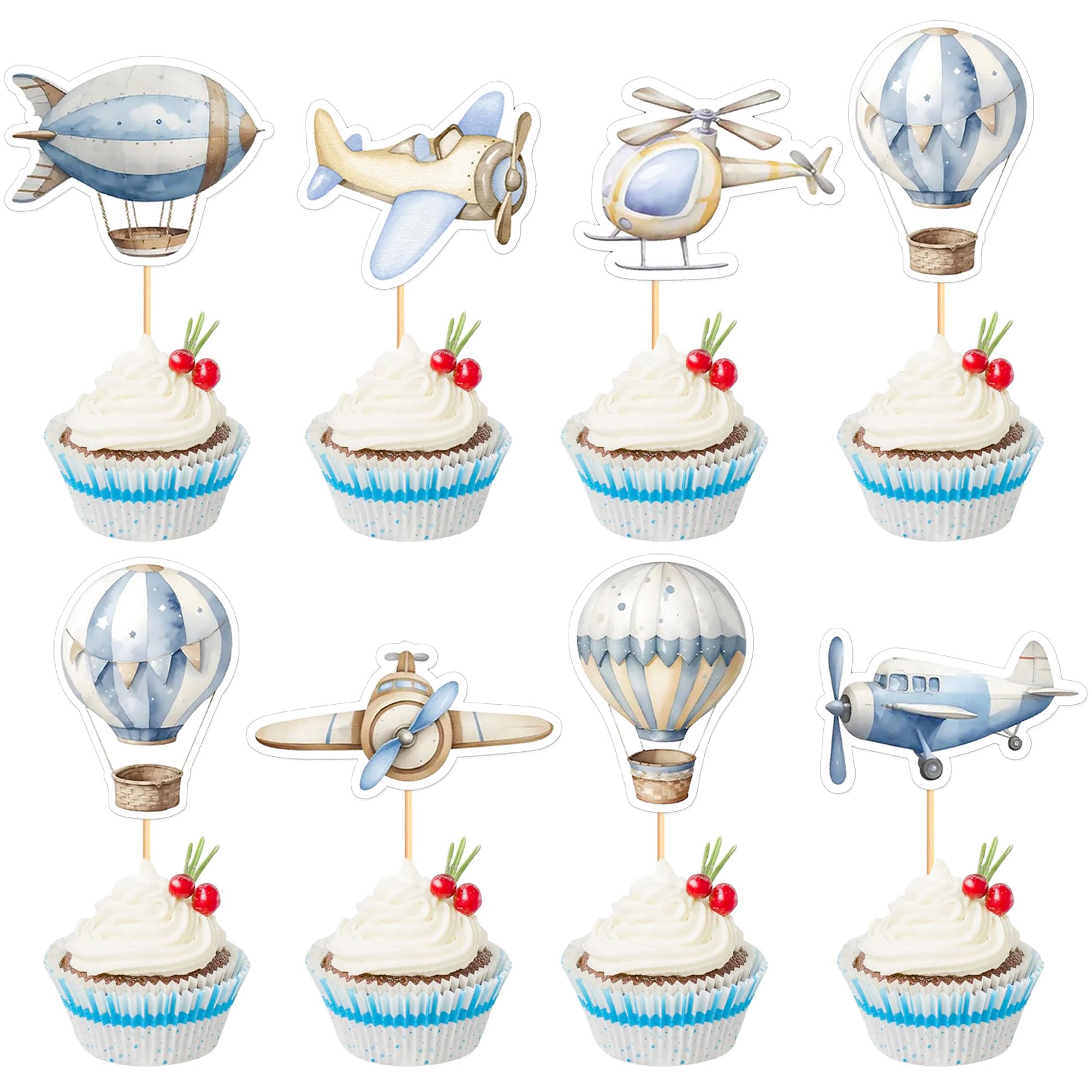 35PCS Airplane Cupcake Toppers Hot Air Balloon Helicopter Travel Themed Party Decorations Baby Shower Kids Boys Girls Birthday Party Cake Decorations