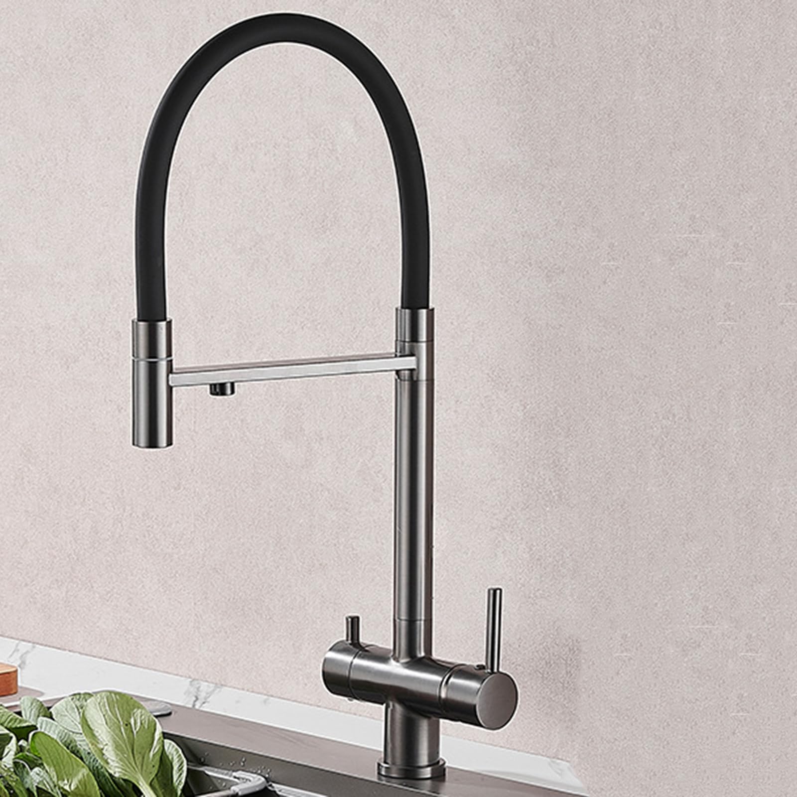 Robinet de cuisine 3 en 1 rotatif noir avec deux poignées pour évier