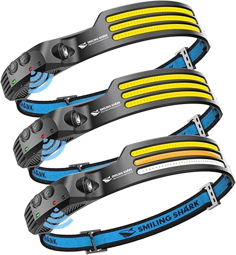 Smiling Shark Faros LED, 2 luces blancas + 1 lámpara de cabeza multiluz, recargable con sensor de movimiento, impermeable, para campamento,