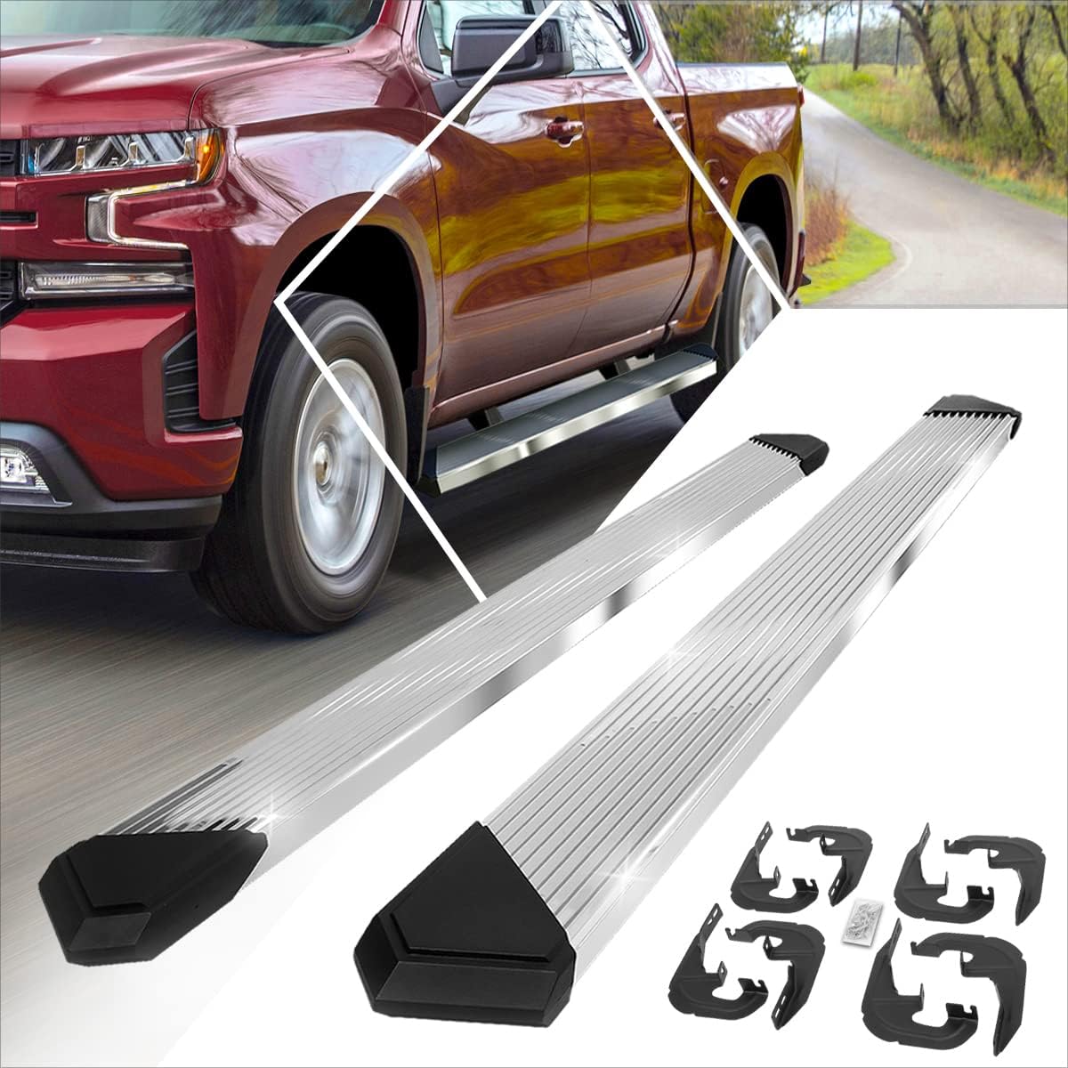 6 Inch Running Boards Side Step Bars w/Pleated Step Pad Compatible with 19-24 Chevy Silverado 1500 Crew Cab