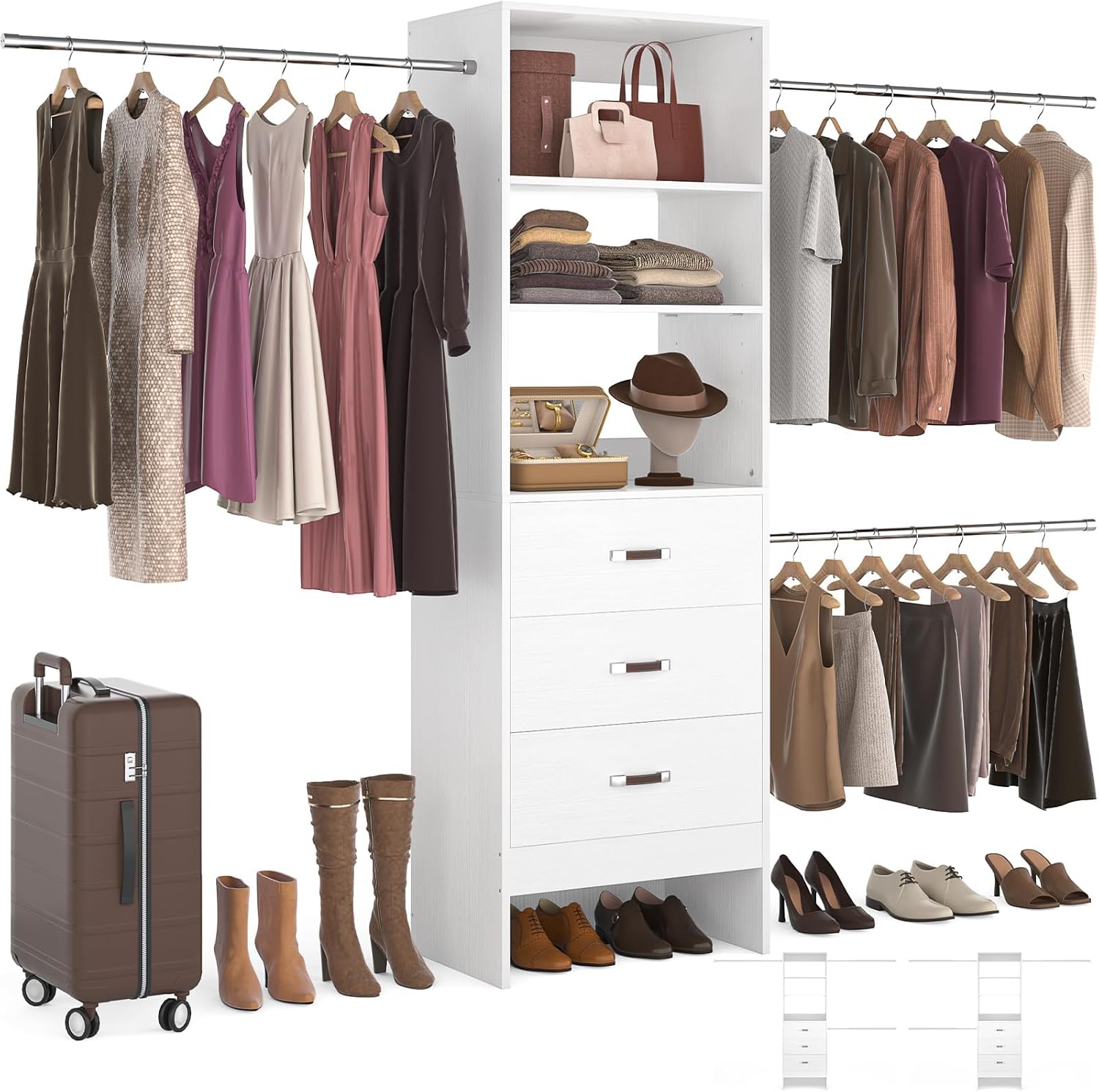 Homieasy 96 Inches Closet Organizer System, 8FT Customizable Walk In Closet Organizer with Hanging Rods, 3 Drawers Garment Rack with Leather Handle , 96″ L x 16″ W x 75″ H, Max Load 1000 LBS, White
