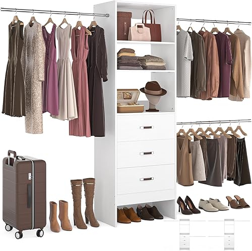 Homieasy Sistema organizador de armario de 96 pulgadas, organizador personalizable de 8 pies con varillas para colgar, 3 cajones con mango de cuero,