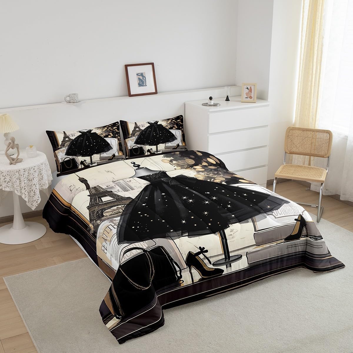 Black Dress Bedding Full Size Modern Fashion Comforter Set Eiffel Tower Paris Themed Bedding Comforter Sets Fashion Woman Dress Duvet Insert Girls Black High Heels Romantic Makeup Decor Quilt