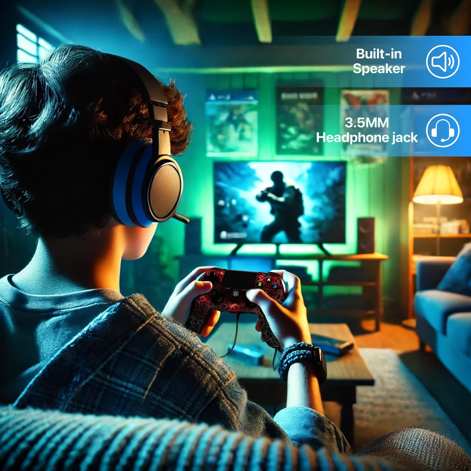 Wireless Controller for PS4, Black Crack Custom Design, Adjustable RGB Light,1000mAh Battery, Double Vibration, 6-Axis, Built-in Speaker & 3.5mm Headphone Jack, Gamepad Compatible with PlayStation 4 - Image 6