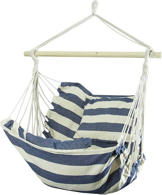 Woodside Swinging Garden Hammock Chair Outdoor Wooden Rope Swing Seat Blue/White