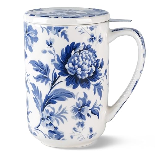 AmorArc Porcelain Tea Mug with Infuser and Lids, 18 Oz Coffee Cup Strainer with Bag Holder for Loose Leaf Tea, Steeping Coffee Mug for House-warming Wedding Birthday Gift - Mums