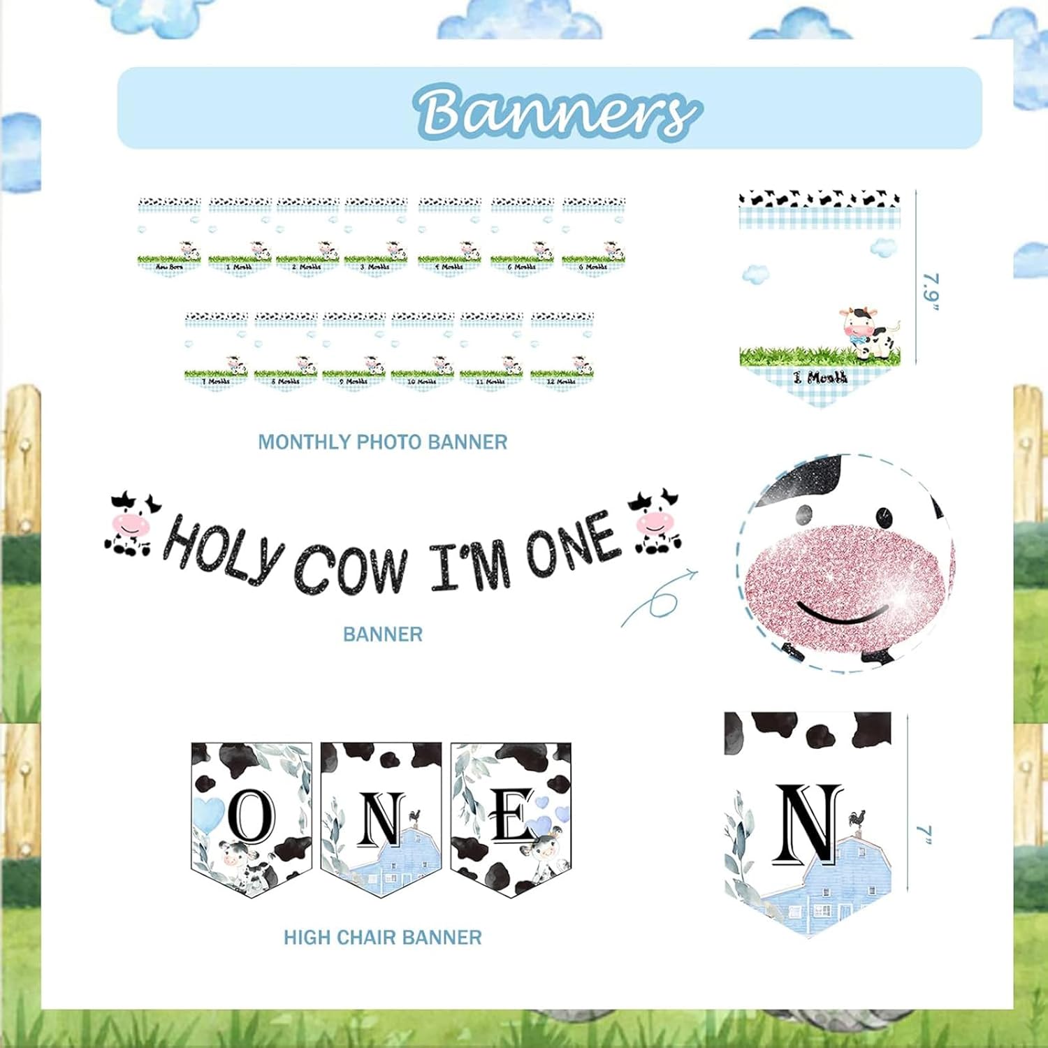 118 PCs Holy Cow Im One Birthday Decorations Boy, Hombae Cow First Party Decorations Backdrop Balloon Garland Monthly Photo High Chair Banner Cake Cupcake Topper Crown Box Poster White Black Blue