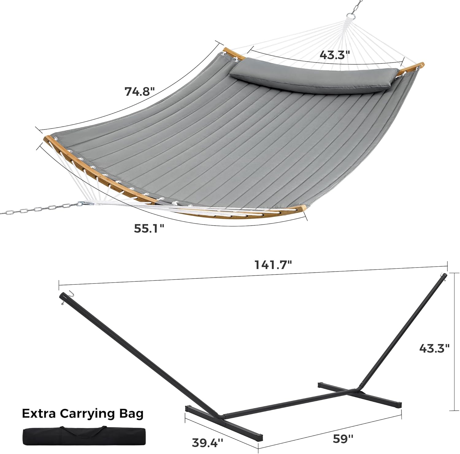 Diagram showing the dimensions of the SUPERJARE hammock and stand.