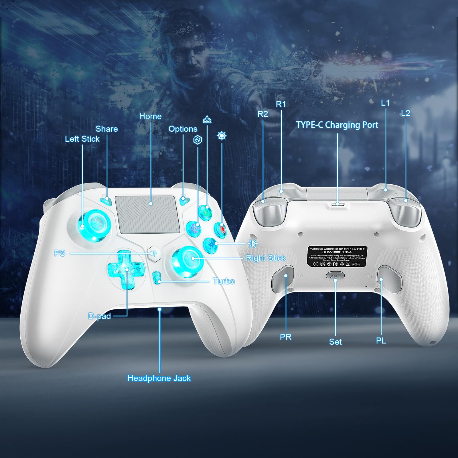Wireless per controller PS5, compatibile con PS5/PS4/PC/iOS/Switch, batteria 1000mAh, Turbo regolabile, vibrazione Dual Shock, sensore di movimento a 6 assi, jack per cuffie da 3,5 mm per controller