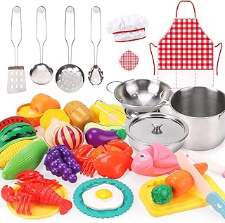 Qizebaby 29Items 46PCS Play Kitchen Pretend Play Food Toys w/ Cutting Foods, Stainless Steel Cookwares, Pots and Pans, Apron&Chef Hat, Learning Educational Toddler Toys for 2 3 4 5 Year Old Boys Girls